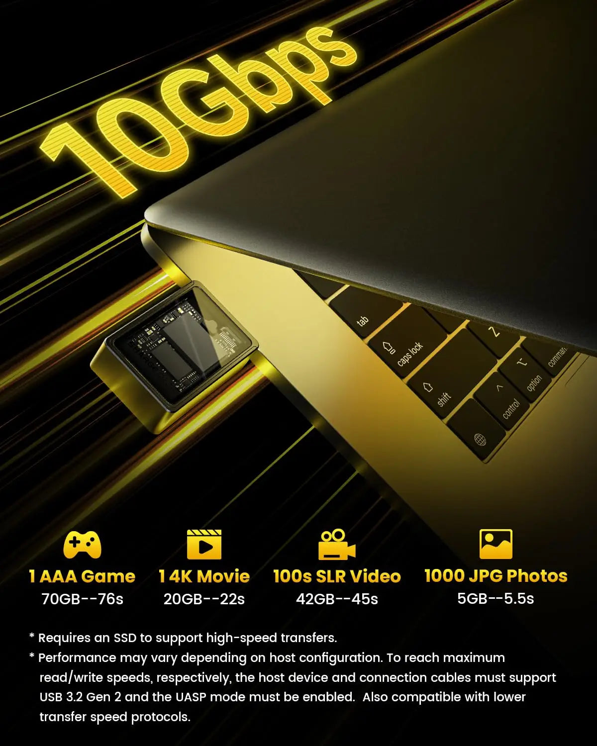 Gros plan d'un boîtier SSD M.2 NVMe couleur or avec dissipateur noir, mettant en évidence une capacité de transfert de donnée