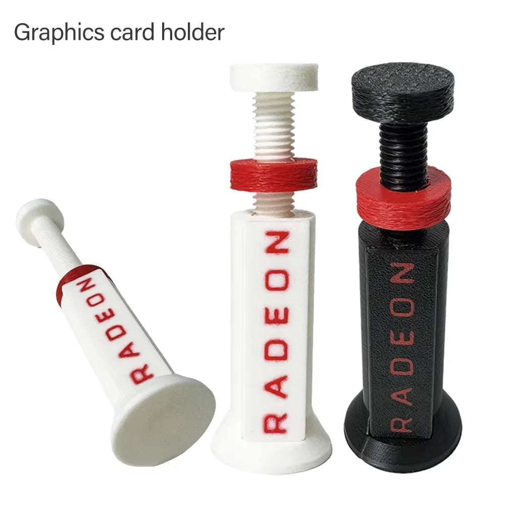 A pair of adjustable graphics card holders, one white and one black, designed to support a GPU.