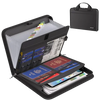 A black multi-compartment fireproof organizer file folder with clear plastic sleeves and a separate passport holder.