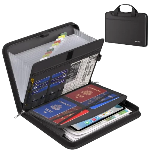 A black multi-compartment fireproof organizer file folder with clear plastic sleeves and a separate passport holder.