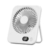 A white portable folding USB fan with a circular grille and power button.