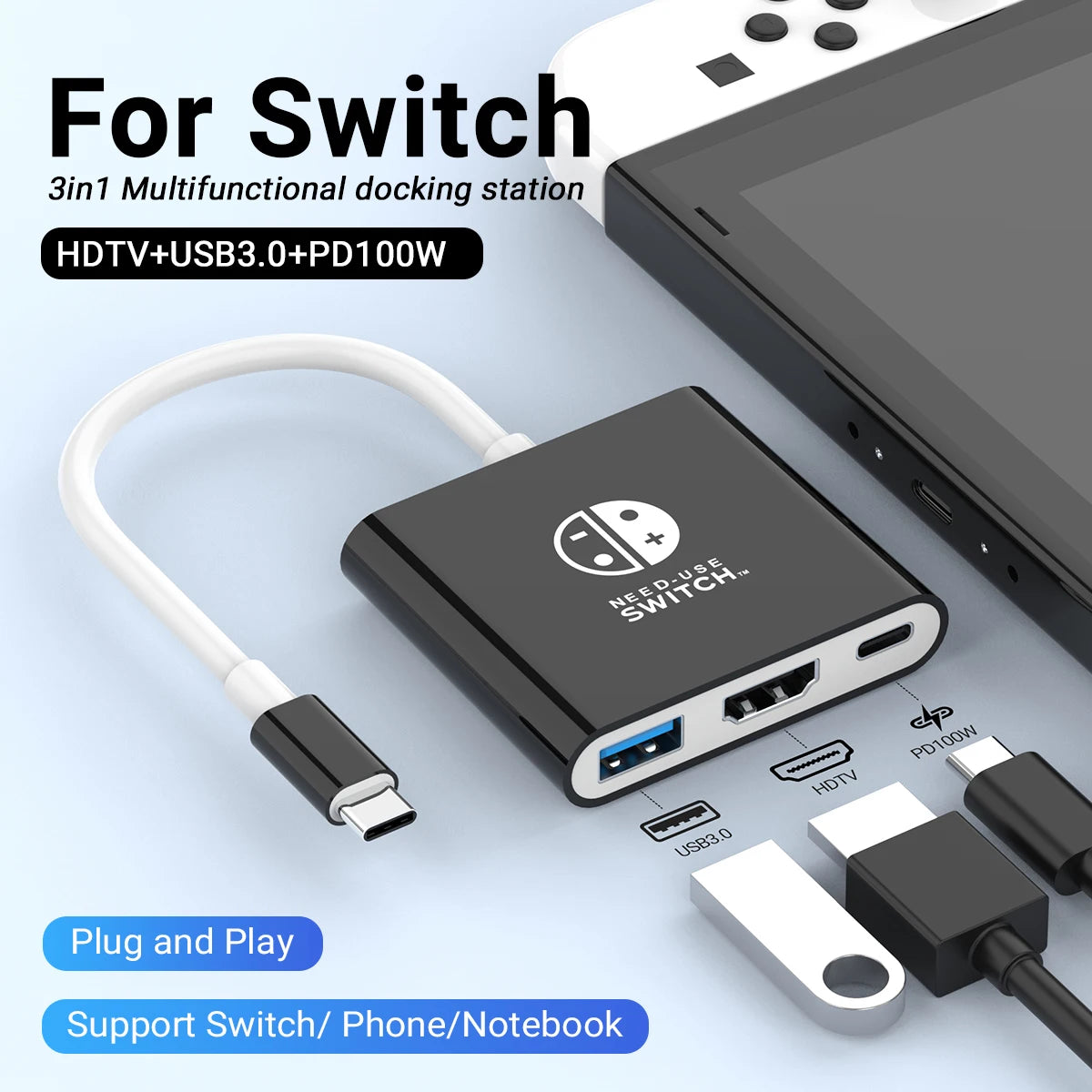 A black 3-in-1 multifunctional docking station with a white cable shown next to a Nintendo Switch console.