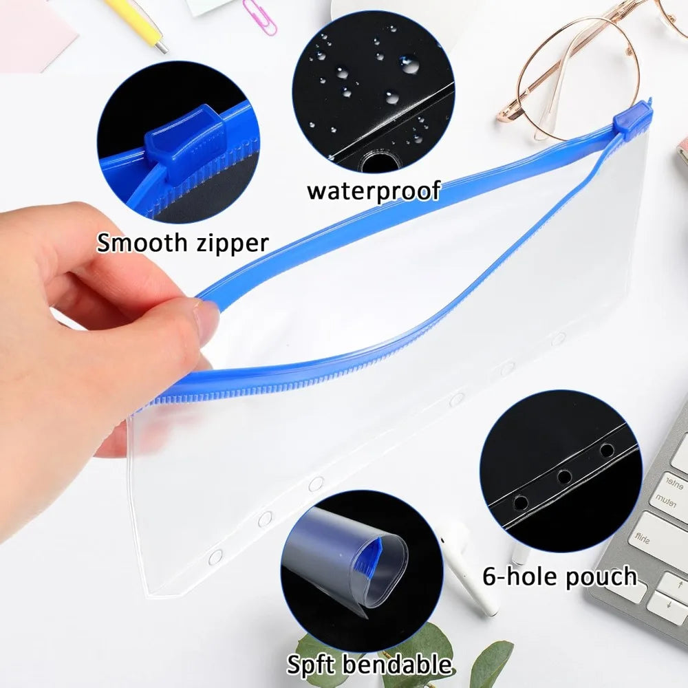 A hand is shown using a clear PVC zipper binder with pockets and a waterproof feature.