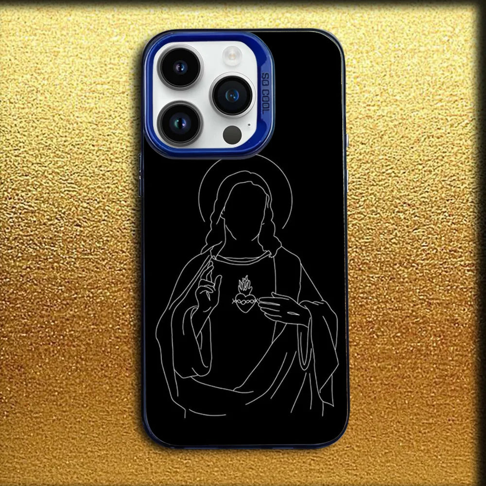 A black outline drawing of Saint Jude Thaddeus with a halo on an iPhone case.