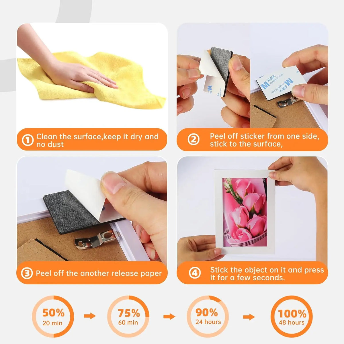 Instructions for using heavy-duty double-sided mounting tape pads to clean and stick objects.
