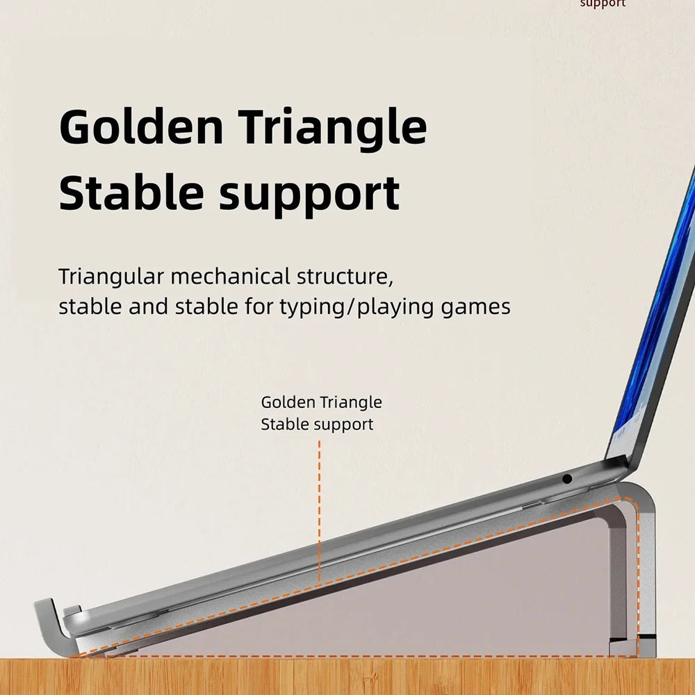 Golden Triangle stable support for a laptop, showing the triangular mechanical structure.