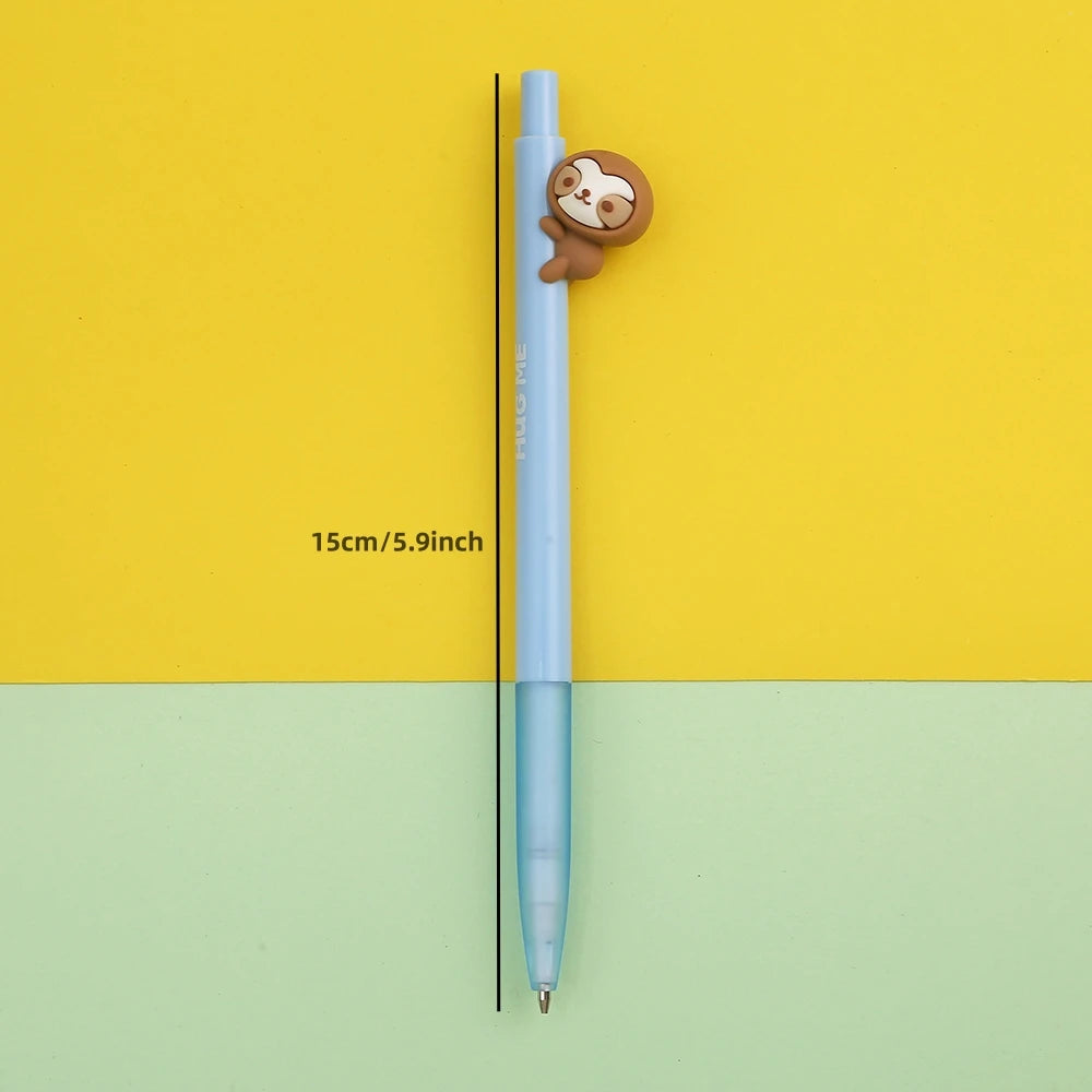 A light blue mechanical pencil with a cute sloth design is shown against a yellow and green background.