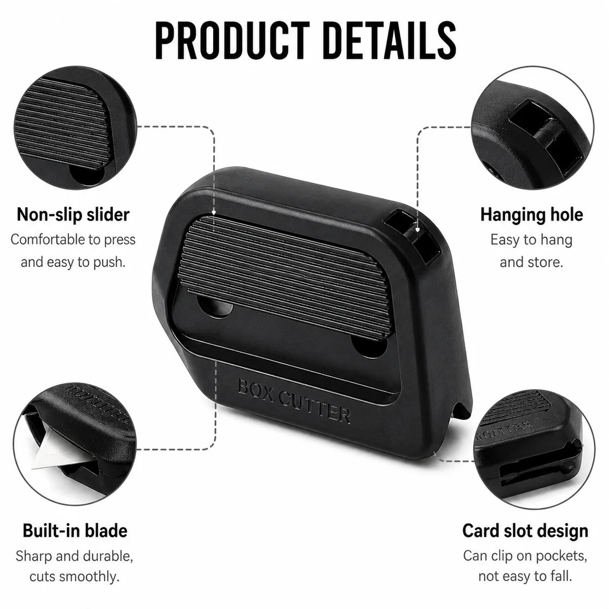 Black box cutter tool showing various parts including the non-slip slider, hanging hole, built-in blade, and card slot design