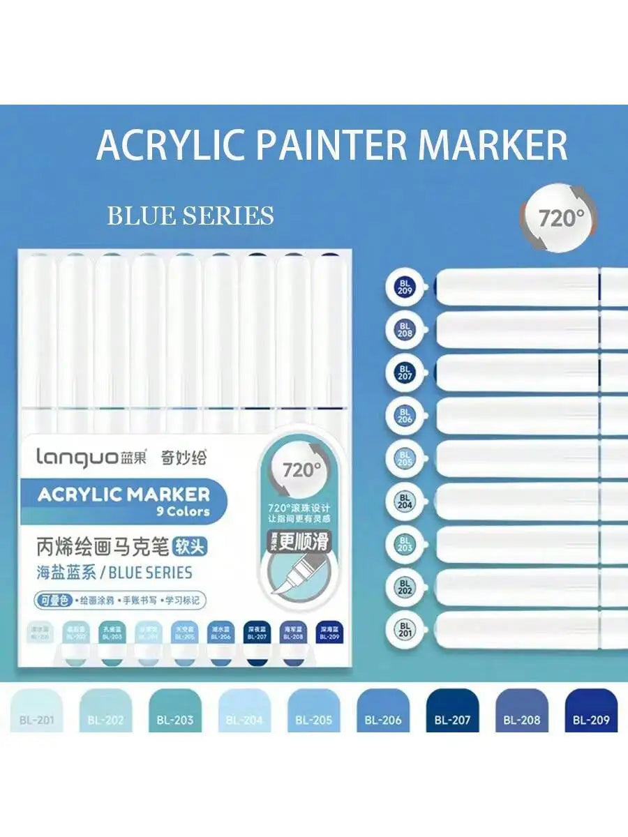 A set of blue acrylic paint markers with 9 colors, featuring a 720 degree design for drawing and art.