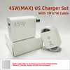 A white 45W US charger set with a 1M 67W cable is shown next to its packaging box.