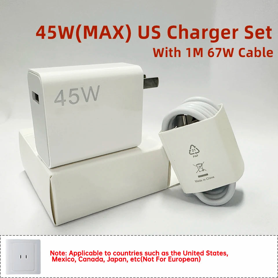 A white 45W US charger set with a 1M 67W cable is shown next to its packaging box.
