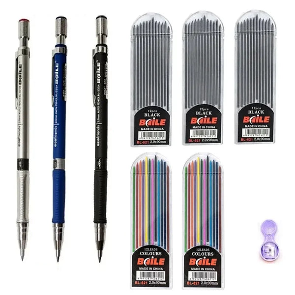 A set of black mechanical pencils with 2.0mm leads packaged in individual and bulk formats.