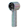 A close-up of a mini portable LED turbine fan with a shimmering iridescent finish.