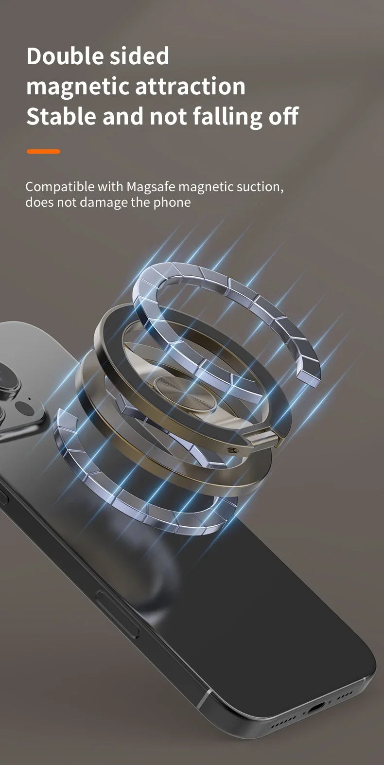 A close-up of a foldable dual-sided magnetic phone stand demonstrating strong magnetic attraction to a smartphone.