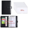 Black leather A6 budget planner with a clear sheet and envelope system shown in multiple copies.