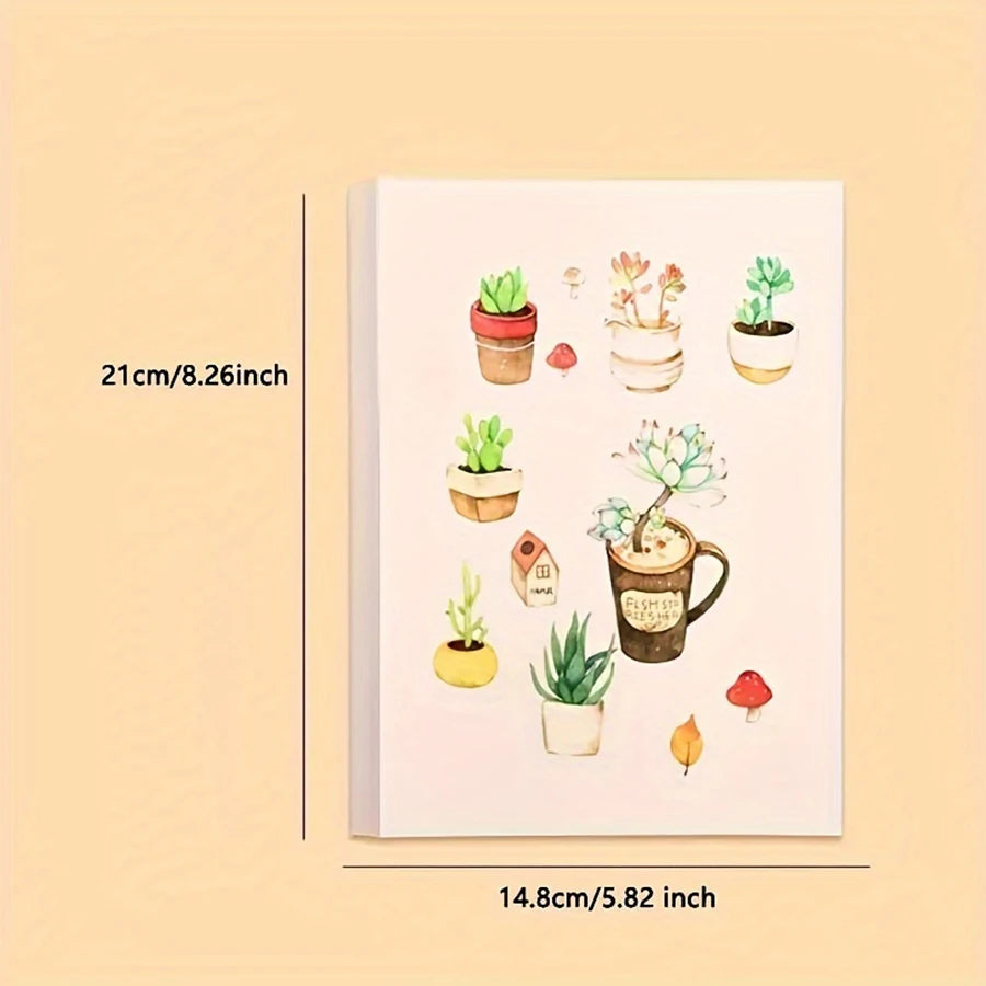 A watercolor paper pad featuring various potted succulent plants and small floral elements on a white background.