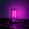 A glass bulb with two glowing LED filaments sits on a black metal tray against a purple background.