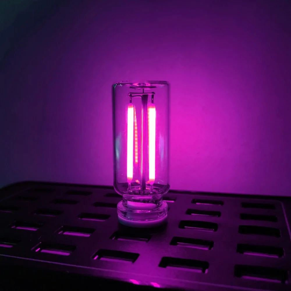 A glass bulb with two glowing LED filaments sits on a black metal tray against a purple background.