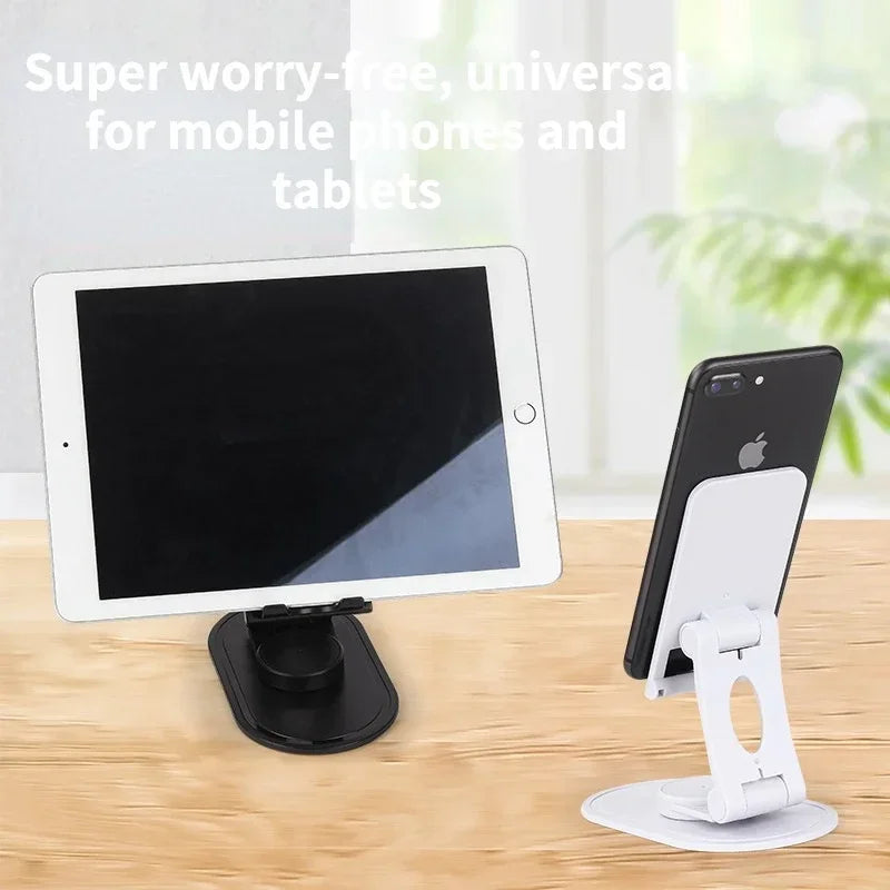 A white desktop stand for mobile phones and tablets, featuring a rotating mount for hands-free viewing.