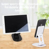 A white desktop stand for mobile phones and tablets, featuring a rotating mount for hands-free viewing.