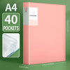 A pink A4 clear book folder with 40 pockets for document storage.