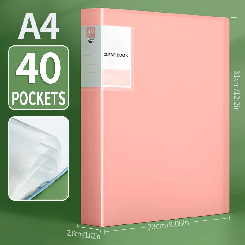 A pink A4 clear book folder with 40 pockets for document storage.