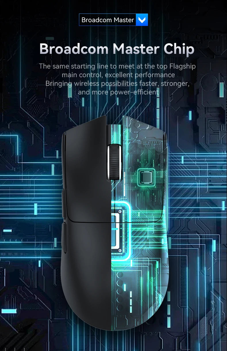 A black Broadcom Master chip is shown against a blue circuit board background.