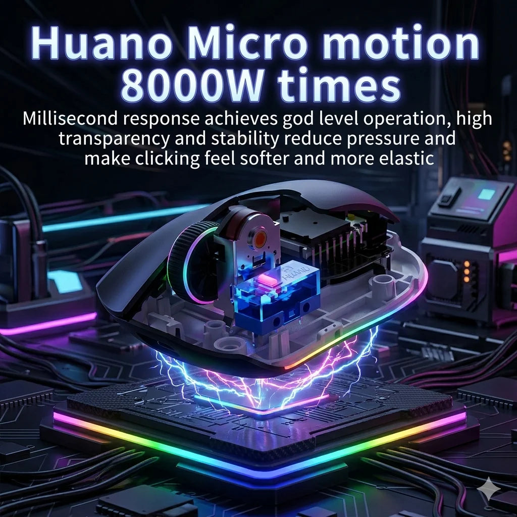A high-performance gaming mouse is shown resting on a circuit board with glowing blue and purple accents.