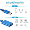 Blue USB-C to USB-A OTG adapter supporting various devices like tablets, laptops, phones, hard disks, and game controllers.