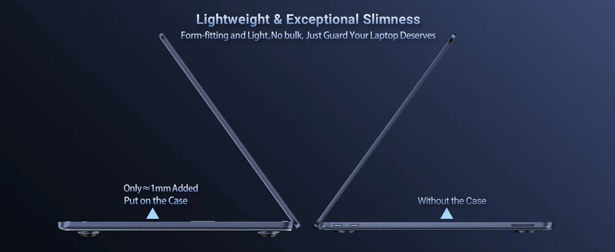 Diagram showing the lightweight and slim design of a laptop case, comparing it with and without the case.