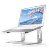 Silver aluminum alloy laptop stand with an ergonomic tilt design.
