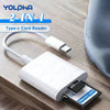 A white 2-in-1 Type-C card reader adapter with a flexible cable and memory card slot is shown on a wooden surface.