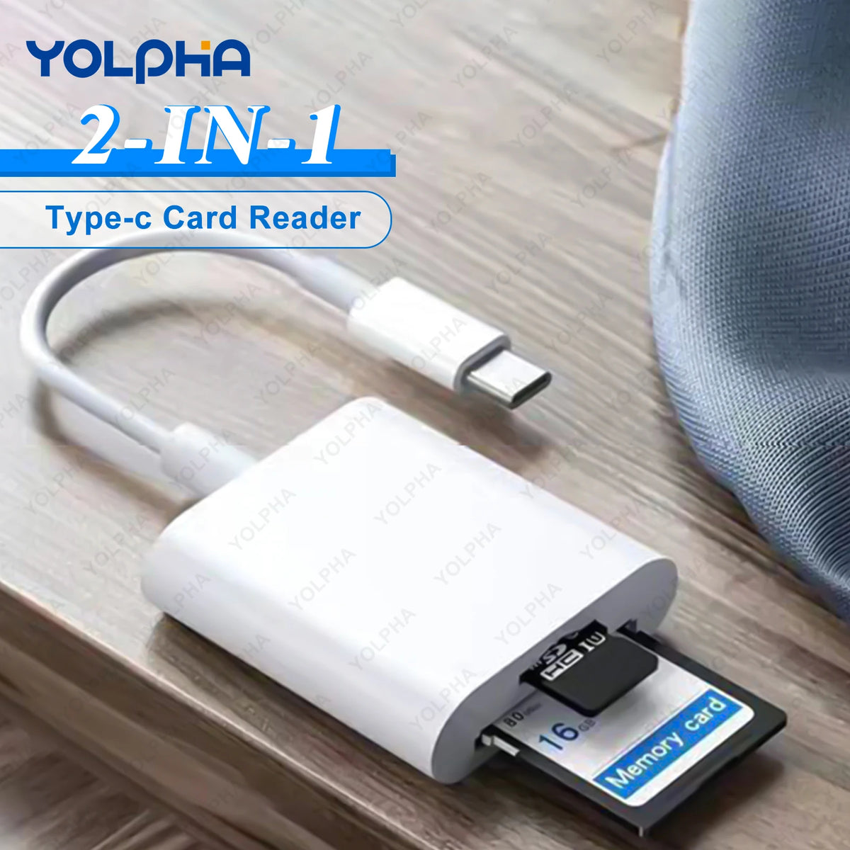 A white 2-in-1 Type-C card reader adapter with a flexible cable and memory card slot is shown on a wooden surface.