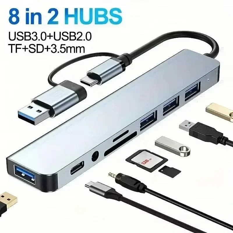 A silver docking adapter featuring 8 in 2 hubs, including USB3.0, USB2.0, TF, SD, and 3.5mm connectors.