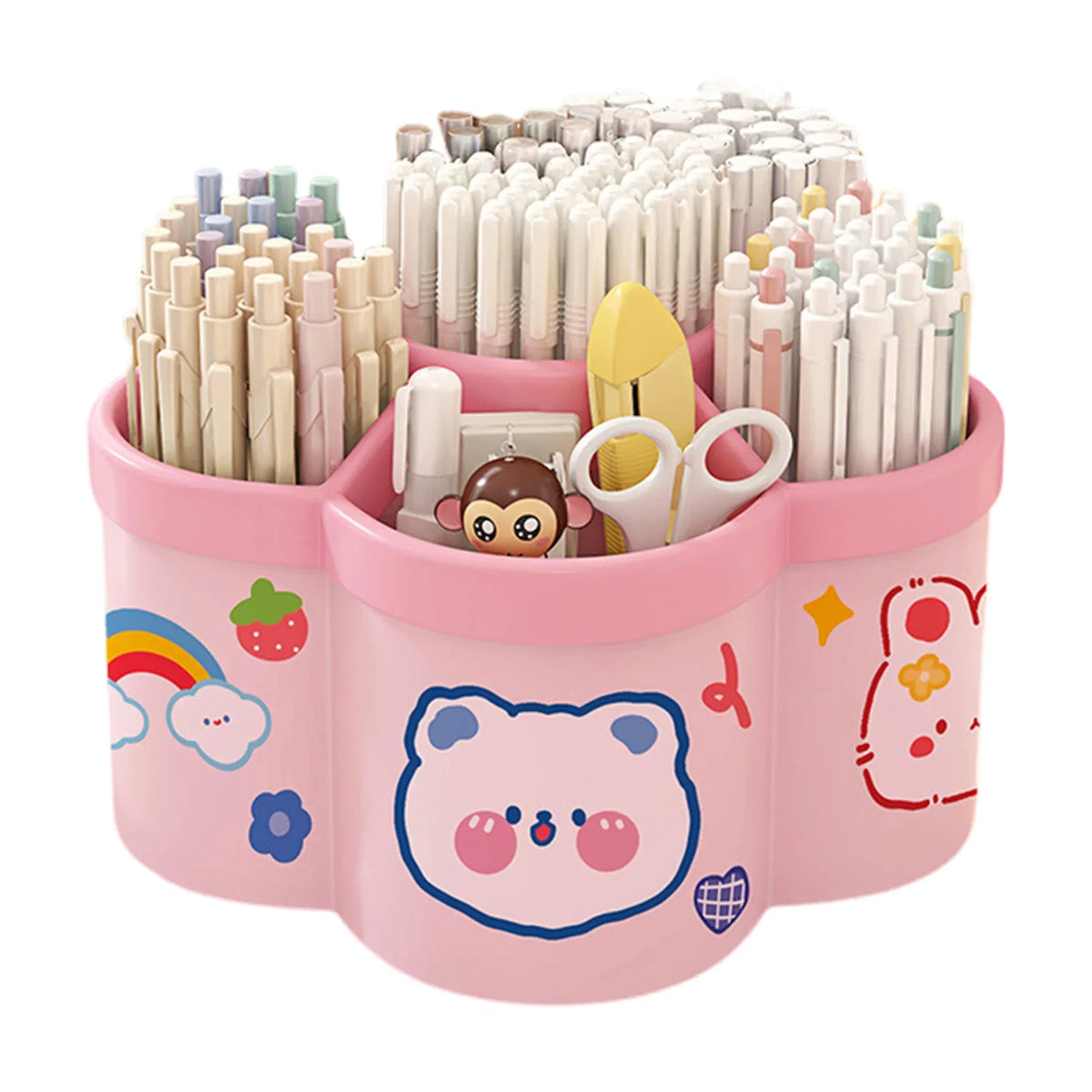 Pinkes rotierendes Desktop-Stiftehalter mit bunten Stiften und Bleistiften.