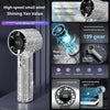 A silver handheld cooling fan with a digital display and textured finish is shown next to various performance features.