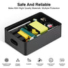 A black storage box containing various electronic components and accessories for a universal tablet charger.