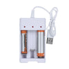 A white universal rechargeable battery charger with a cord, designed to charge AAA and AA cells.