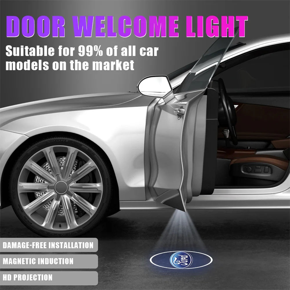A silver car door with an LED welcome light installed, showing damage-free magnetic induction and HD projection features.