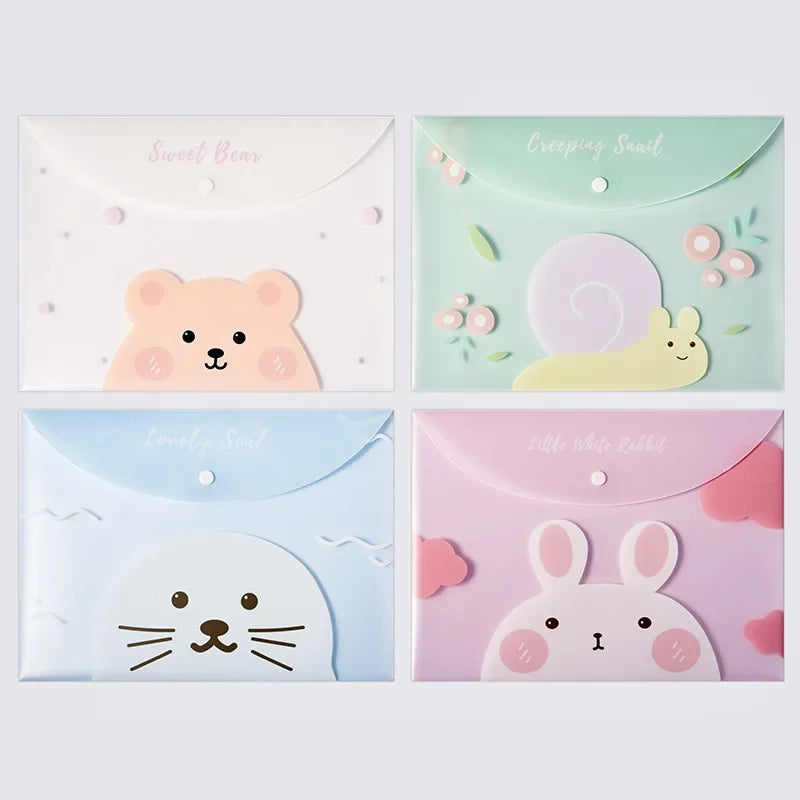 A set of four cute cartoon transparent document pouches featuring a sweet bear, creeping snail, lovely seal, and little white