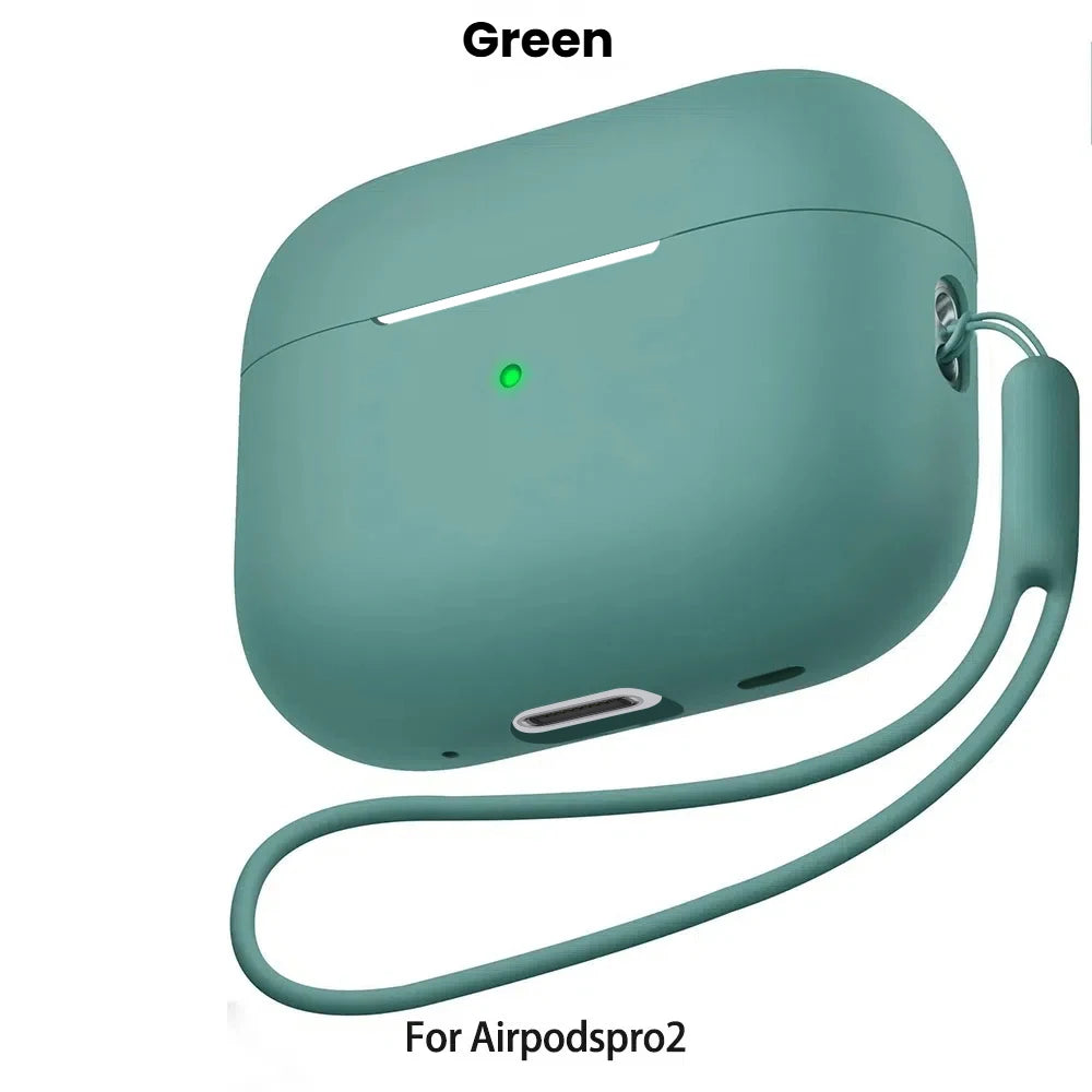 A green liquid silicone case for AirPods Pro 2 with a cleaning pen and lanyard.