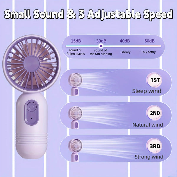 Ventilateur portable miniature à main avec trois niveaux de vitesse réglables et options de niveau sonore affichées sur une é