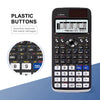 A black scientific calculator with plastic buttons and a display showing calculation results.