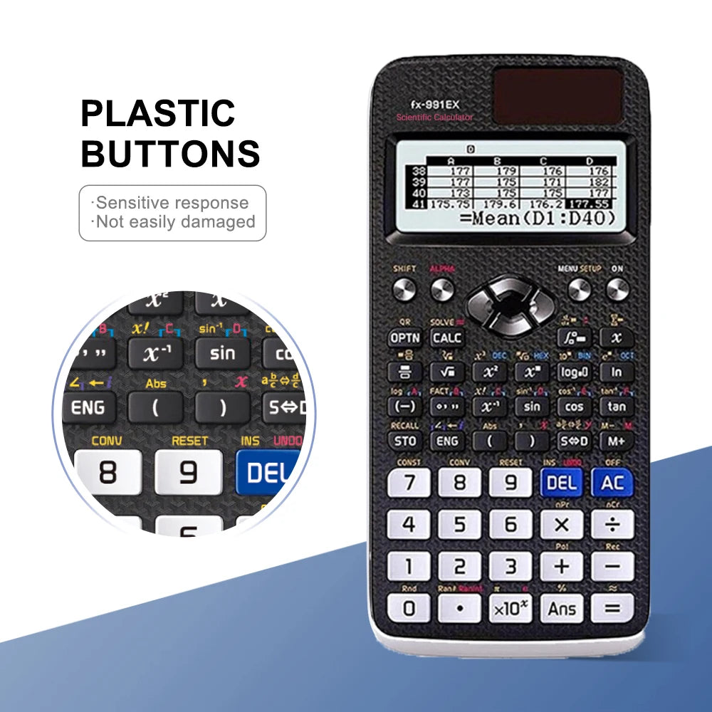 A black scientific calculator with plastic buttons and a display showing calculation results.