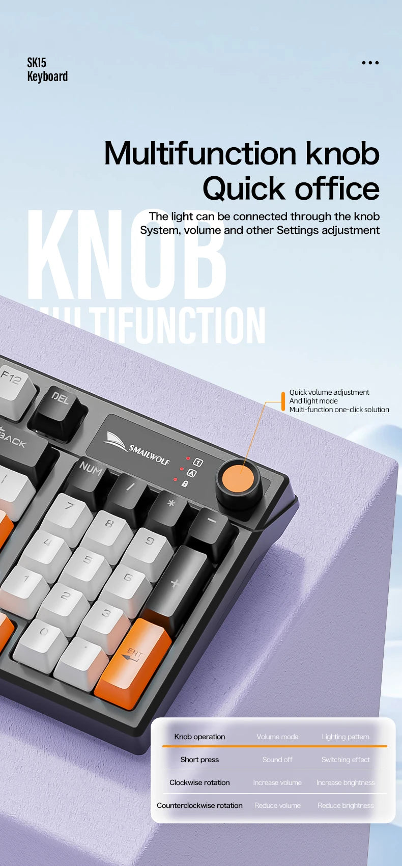 A close-up of an SK15 Keyboard showing a multifunction knob for quick office use.