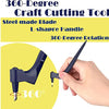 A hand holds a dark blue 360-degree rotating craft cutting tool with an L-shaped handle.