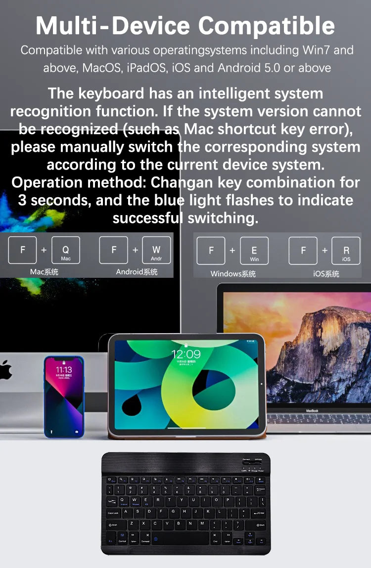 Schwarzes kabelloses Bluetooth-Tastature zeigt Multi-Geräte-Kompatibilität neben einem iPad und Laptop.