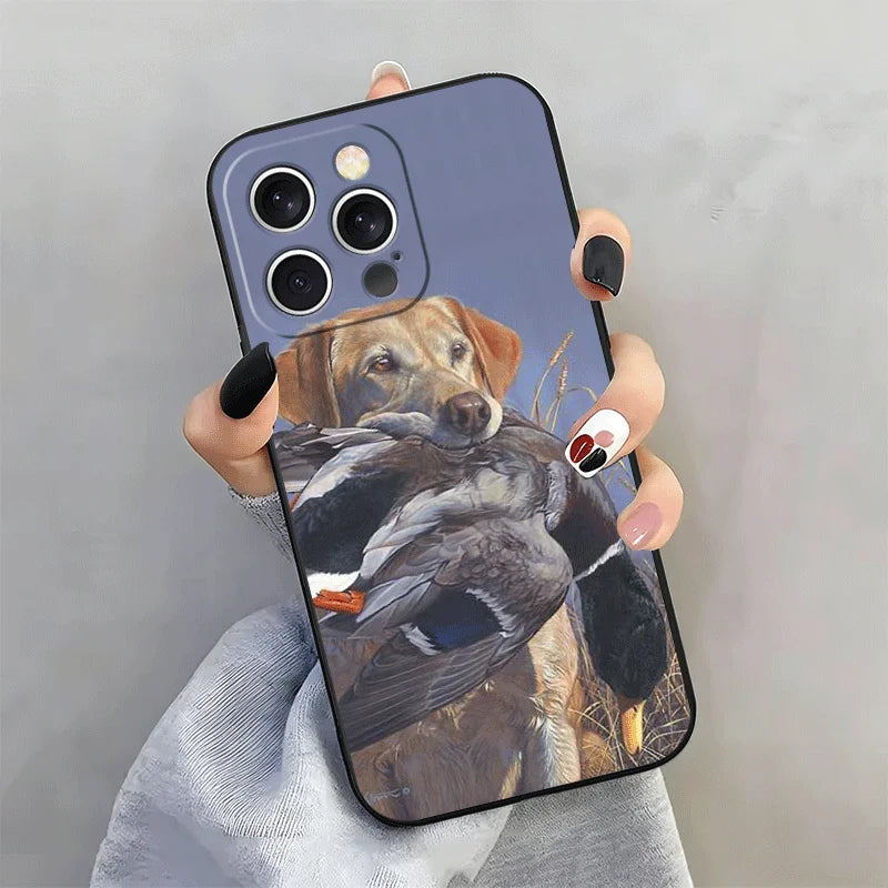 A phone case featuring a portrait of a golden retriever dog with a hunting theme.