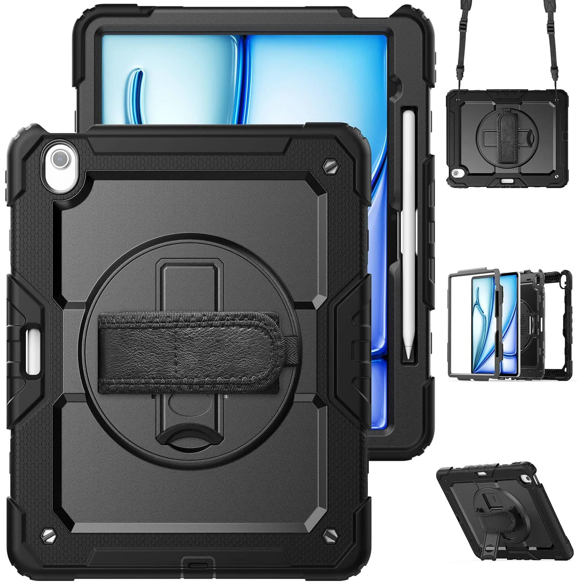 A heavy duty black shockproof iPad case with a built-in screen protector, kickstand, and shoulder strap shown in various view