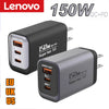 A Lenovo 150W QC+PD fast wall charger shown in black and silver colors.